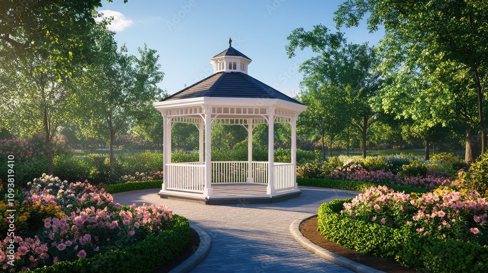 Elegant White Gazebo Surrounded by Vibrant Flower Beds and Lush Greenery in a Sunlit Park Setting Capturing the Essence of Outdoor Leisure and Tranquility Elegant White Gazebo Surrounded by Vibrant Flower Beds and Lush Greenery in a Sunlit Park Setting Capturing the Essence of Outdoor Leisure and Tranquility