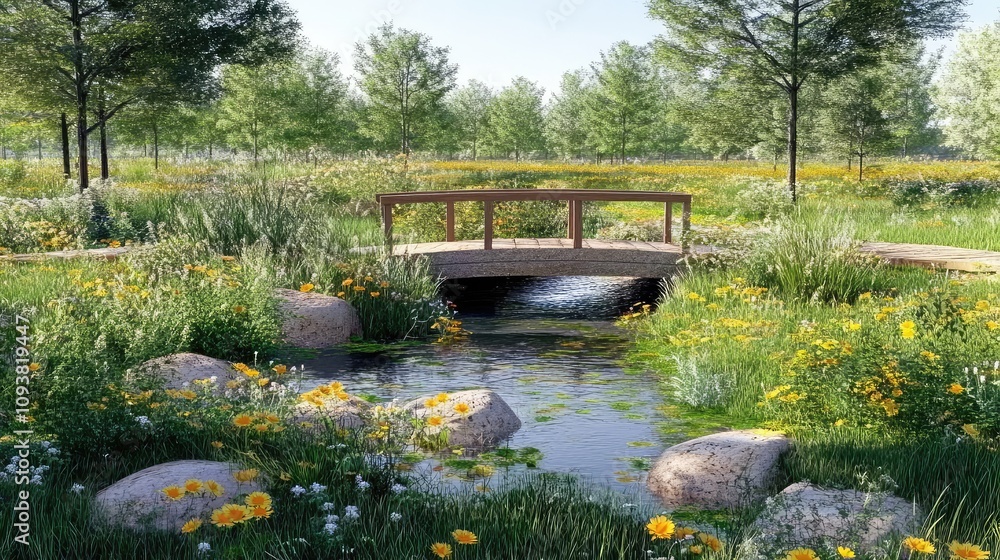 Fototapeta premium Tranquil Spring Landscape with Wooden Bridge over Stream Surrounded by Colorful Wildflowers and Lush Greenery in a Peaceful Meadow Setting