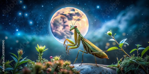 Captivating Night Photography of a Mantis Under a Luminous Moonlit Sky, Showcasing Nature's Intricacies in the Enchanting Glow of Nighttime Wilderness