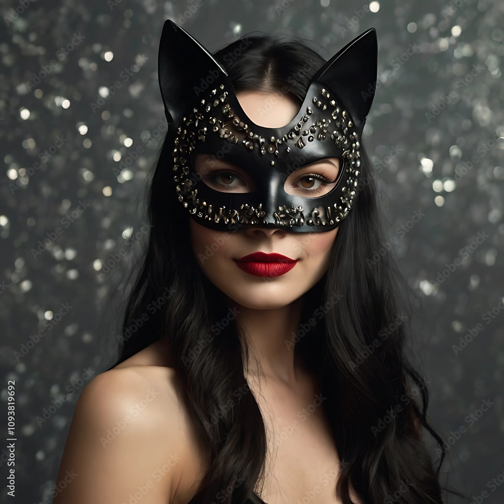 A woman wearing a cat-themed mask with studs and red lipstick poses elegantly against a shimmering background in a dimly lit setting A woman wearing a cat-themed mask with studs and red lipstick poses elegantly against a shimmering background in a dimly lit setting