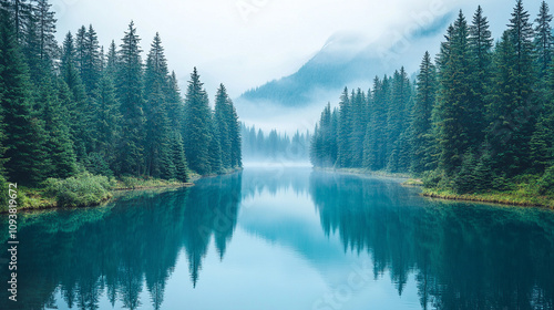 Aerial view of a tranquil lake surrounded by dense green forests, symbolizing peace, nature’s balance, and environmental harmony, with clear blue waters reflecting the lush landscape