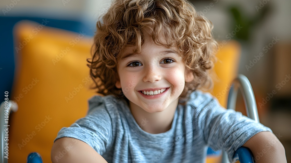Cute child with broken leg, walker cane support, cheerful expression Cute child with broken leg, walker cane support, cheerful expression