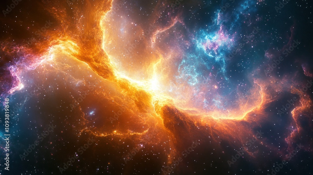 Fototapeta premium A vibrant nebula with swirling clouds of orange, blue, and purple gas against a backdrop of twinkling stars.