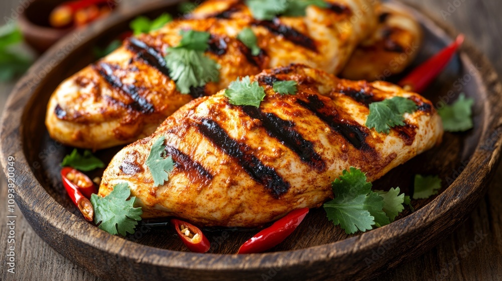 Grilled Spiced Chicken Breast Garnished with Fresh Herbs and Red Chili Peppers on a Rustic Wooden Platter, Perfect for Gourmet Cuisine and Healthy Recipes Grilled Spiced Chicken Breast Garnished with Fresh Herbs and Red Chili Peppers on a Rustic Wooden Platter, Perfect for Gourmet Cuisine and Healthy Recipes
