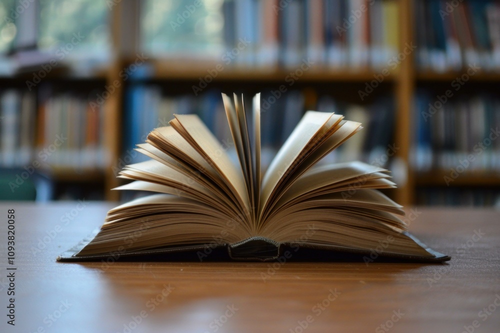 Fototapeta premium Open book on wooden table in library, representing learning, knowledge, and education
