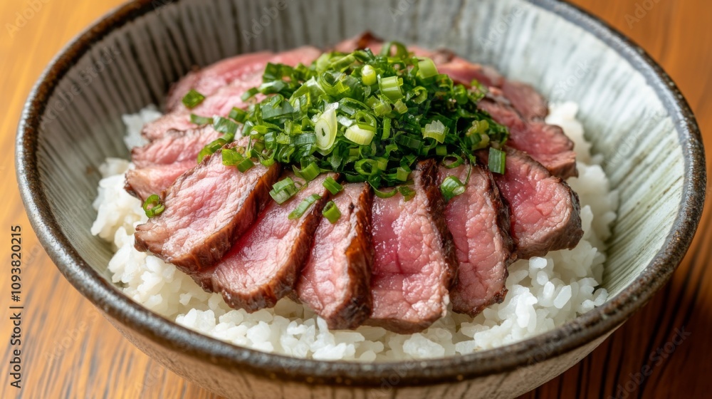 Deliciously Cooked Sliced Beef Served on a Bed of Steamed White Rice Garnished with Fresh Chopped Green Onions in a Stylish Bowl for a Culinary Delight Deliciously Cooked Sliced Beef Served on a Bed of Steamed White Rice Garnished with Fresh Chopped Green Onions in a Stylish Bowl for a Culinary Delight