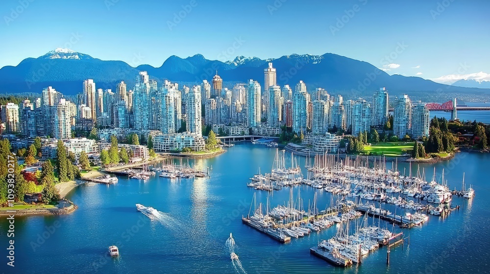 Obraz premium Stunning Aerial View of Vancouver Skyline with Harbour, Mountains, and Marina, Showcasing Urban Beauty and Natural Landscapes Under Clear Blue Sky
