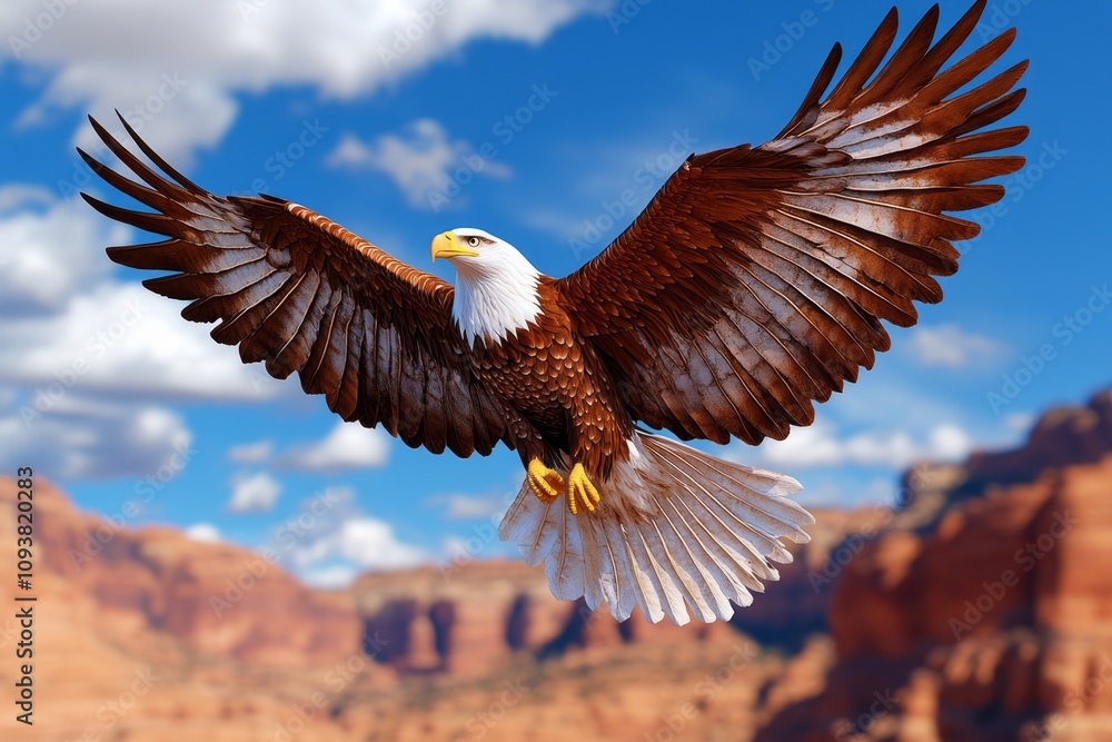 Obraz premium A 3D-rendered American eagle with lifelike textures, flying above a digital recreation of a rugged canyon