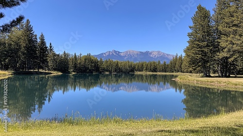 Serene Mountain Reflection Over Calm Water Surrounded by Evergreen Trees on a Bright Sunny Day in a Picturesque Natural Landscape photo