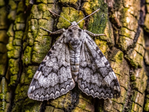 Captivating Night Photography of Poplar Grey Moth Acronicta megacephala Resting on Bark, Showcasing Its Natural Camouflage in a Nocturnal Setting of British Forests photo