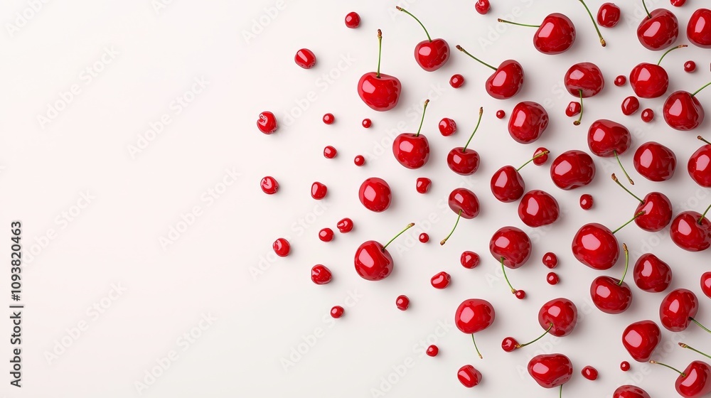 Cherries in various angles, falling on a white background, high contrast with crisp lines, fresh product showcase Cherries in various angles, falling on a white background, high contrast with crisp lines, fresh product showcase