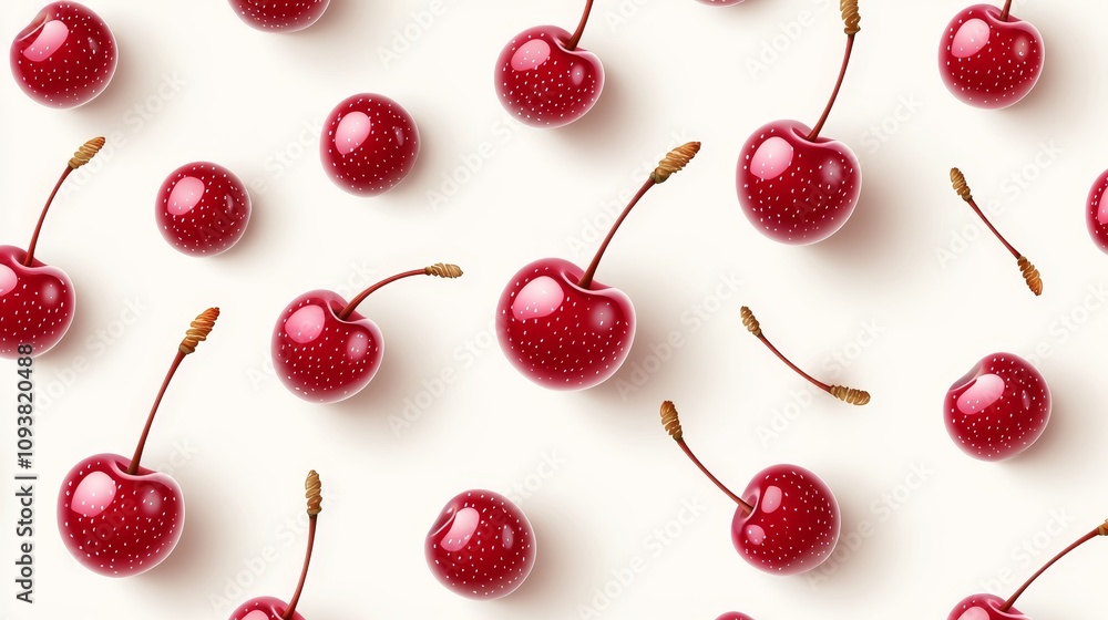 Cherry illustration pattern, perfectly arranged and floating on white background, vivid colors for grocery product focus Cherry illustration pattern, perfectly arranged and floating on white background, vivid colors for grocery product focus