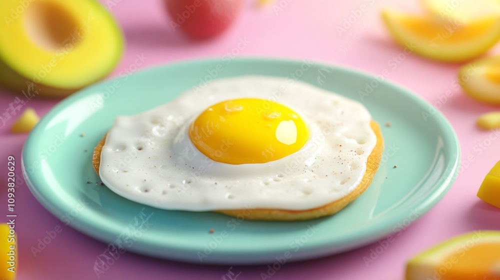 Deliciously Cooked Fried Egg on a Light Blue Plate Surrounded by Colorful Fruits and Fresh Ingredients for a Bright and Vibrant Kitchen Aesthetic Deliciously Cooked Fried Egg on a Light Blue Plate Surrounded by Colorful Fruits and Fresh Ingredients for a Bright and Vibrant Kitchen Aesthetic