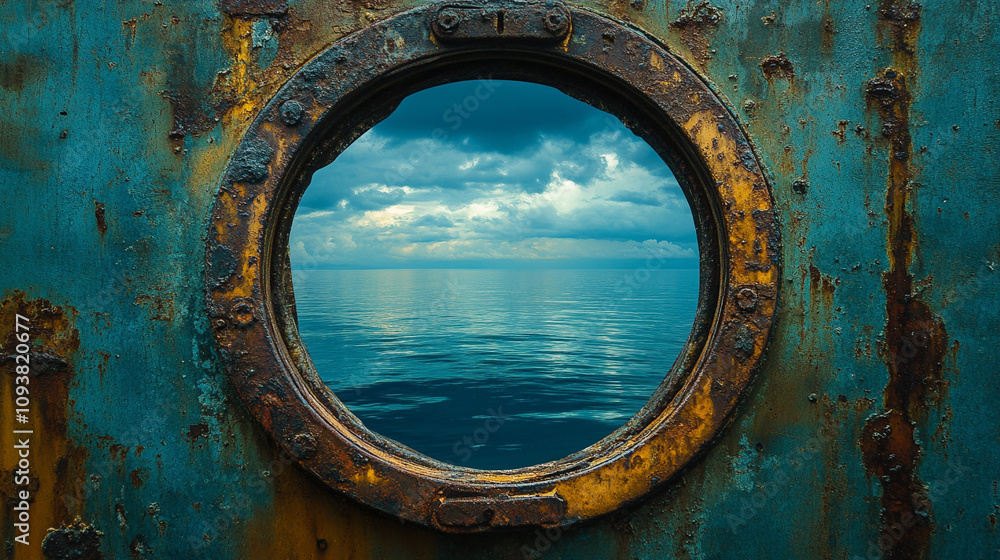 serene ocean view through a round porthole window showcasing the calm and endless sea representing peace solitude and the allure of travel offering a moment of reflection and connection with nature serene ocean view through a round porthole window showcasing the calm and endless sea representing peace solitude and the allure of travel offering a moment of reflection and connection with nature