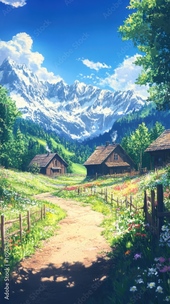 Alpine Meadow Serenity: An Anime-Style Countryside Illustration Alpine Meadow Serenity: An Anime-Style Countryside Illustration