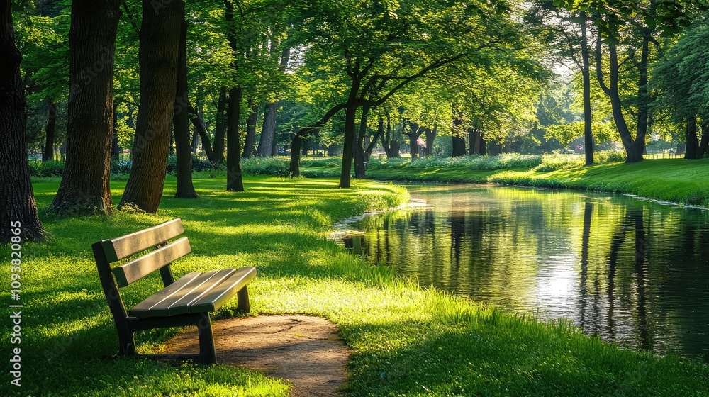 Serene Park Scene with a Wooden Bench by a Tranquil Pond Surrounded by Lush Green Trees and Soft Morning Light Invoking Calm and Reflection in Nature Serene Park Scene with a Wooden Bench by a Tranquil Pond Surrounded by Lush Green Trees and Soft Morning Light Invoking Calm and Reflection in Nature