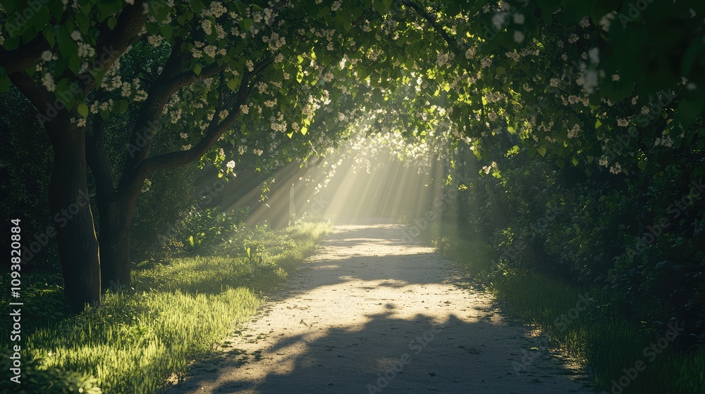 Fototapeta premium Enchanted Pathway Through Lush Greenery with Soft Sunlight Filtering Through Blossoming Trees in a Serene Natural Setting
