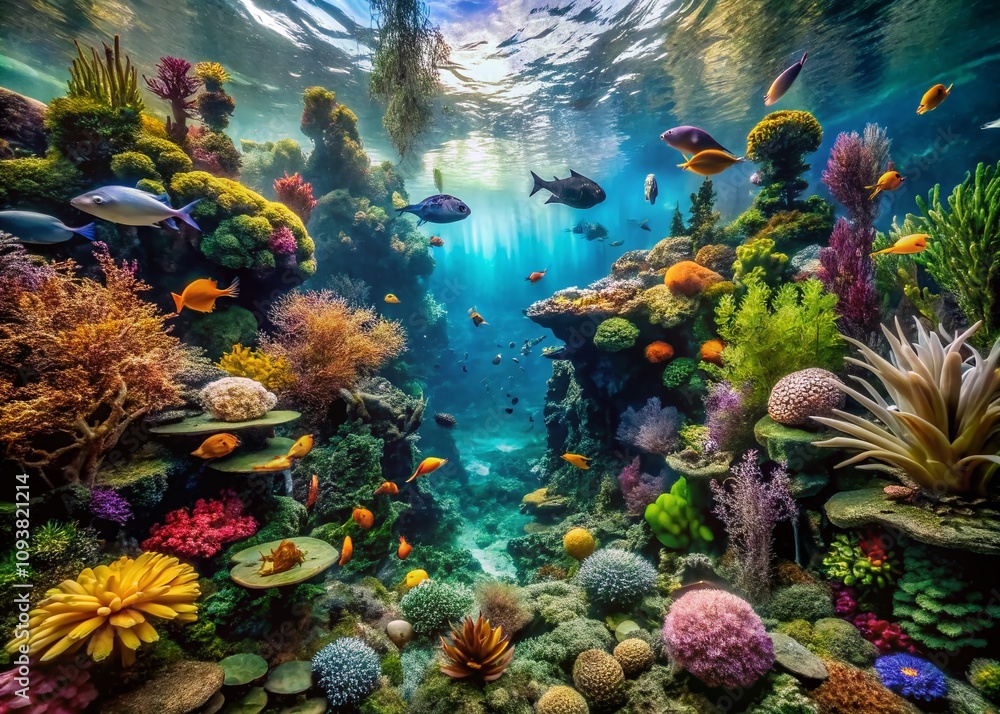 Fototapeta premium Captivating Pacific Northwest Aquarium Habitat in Toronto Showcasing Vibrant Marine Life, Lush Aquatic Plants, and Enchanting Underwater Landscapes for Nature Enthusiasts