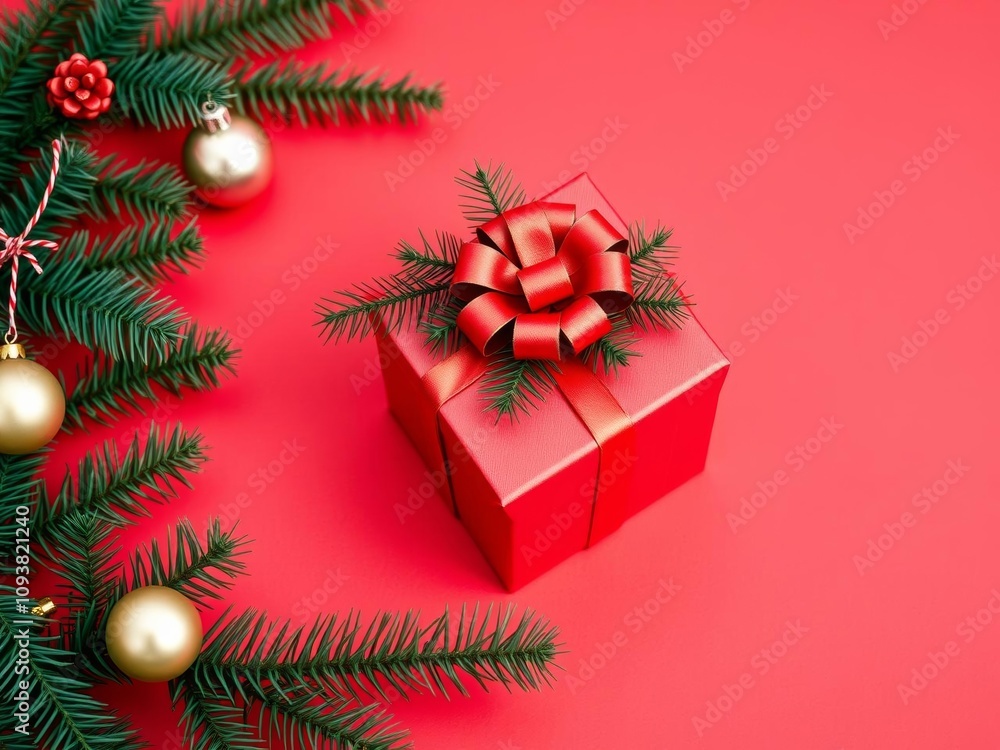Vibrant red gift box with bow, Christmas greenery, ornaments on red background, isolated on white, copy space, ornaments, bow, celebration Vibrant red gift box with bow, Christmas greenery, ornaments on red background, isolated on white, copy space, ornaments, bow, celebration