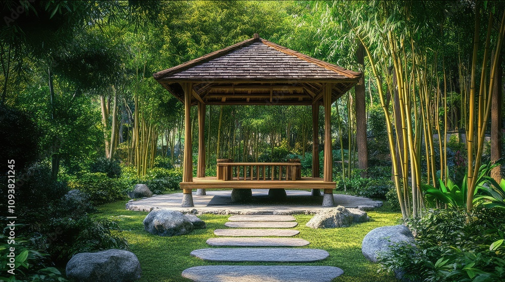 Tranquil Garden Pavilion Surrounded by Lush Greenery and Bamboo, Inviting Serenity and Peaceful Outdoor Relaxation in Nature's Embrace Tranquil Garden Pavilion Surrounded by Lush Greenery and Bamboo, Inviting Serenity and Peaceful Outdoor Relaxation in Nature's Embrace