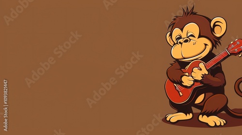 A cartoon monkey playing a guitar on a brown background. photo