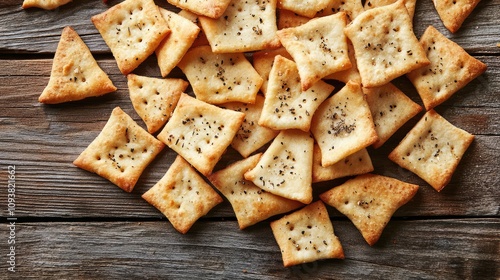 Crunchy Savory Snacks Spread Across a Wooden Surface with Cracks Showcasing the Delightful Texture and Flavor of Delicious Herb Seasoned Crackers