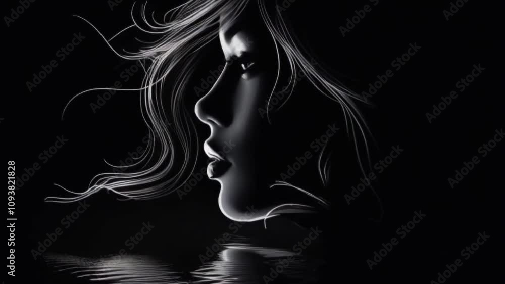 Animation of a woman silhouette on black background with water ripple Animation of a woman silhouette on black background with water ripple