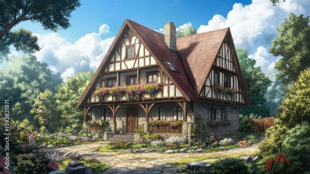 Charming Country House Surrounded by Lush Greenery and Colorful Flowers in a Peaceful Outdoor Setting on a Sunny Day with Blue Sky and Fluffy Clouds Charming Country House Surrounded by Lush Greenery and Colorful Flowers in a Peaceful Outdoor Setting on a Sunny Day with Blue Sky and Fluffy Clouds