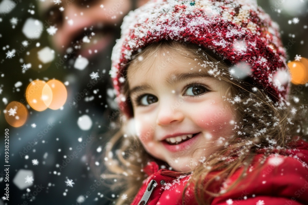 Smiling caucasian girl in red hat enjoying snowfall Smiling caucasian girl in red hat enjoying snowfall