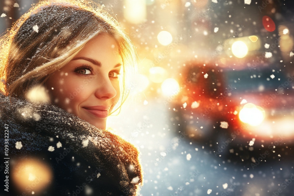 Smiling caucasian female in winter attire enjoying snowfall in city lights Smiling caucasian female in winter attire enjoying snowfall in city lights