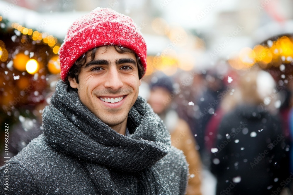 Smiling young caucasian male in red beanie at snowy outdoor market Smiling young caucasian male in red beanie at snowy outdoor market