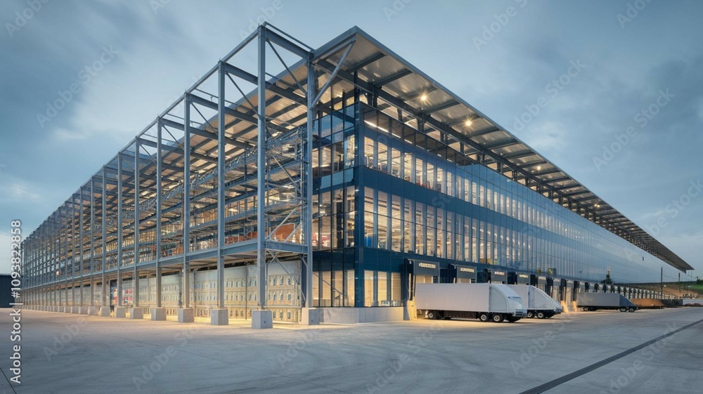 A modern logistics warehouse building with a steel structure. The building has multiple levels and is illuminated from within. A modern logistics warehouse building with a steel structure. The building has multiple levels and is illuminated from within.