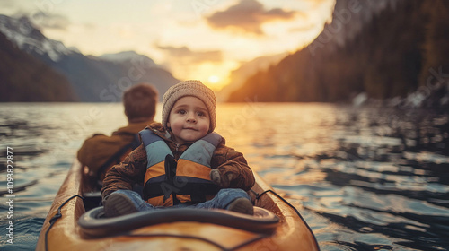 Rear view of a young man kayaking alone on a tranquil lake during sunset surrounded by calm water with the sun's warm golden light reflecting on the surface symbolizing peace solitude and inner journe photo