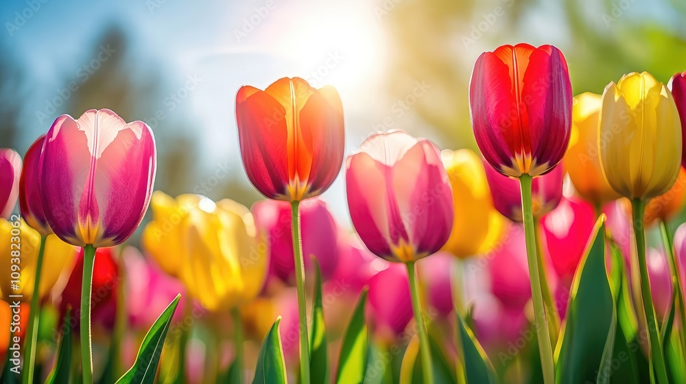 Vibrant Spring Tulips in Bloom at Sunrise with Soft Sunlight Creating a Dreamy Atmosphere in a Colorful Flower Garden Vibrant Spring Tulips in Bloom at Sunrise with Soft Sunlight Creating a Dreamy Atmosphere in a Colorful Flower Garden
