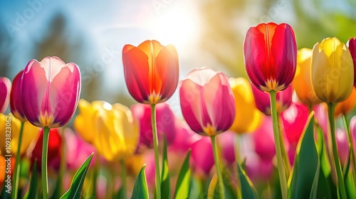 Vibrant Spring Tulips in Bloom at Sunrise with Soft Sunlight Creating a Dreamy Atmosphere in a Colorful Flower Garden