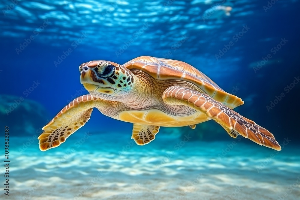 Obraz premium A public aquarium exhibit dedicated to sea turtles, featuring large tanks with sandy bottoms and sunlight filtering through the water