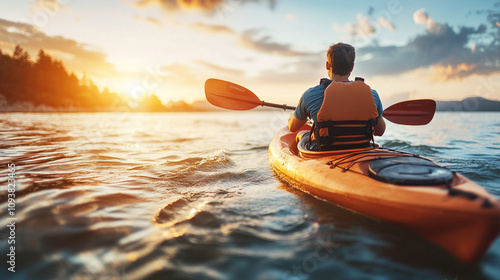 Rear view of a young man kayaking alone on a tranquil lake during sunset surrounded by calm water with the sun's warm golden light reflecting on the surface symbolizing peace solitude and inner journe photo