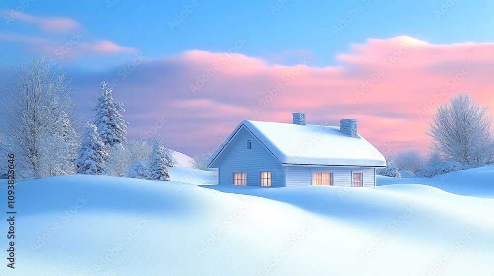 Cozy winter house in snowy landscape at sunset. Cozy winter house in snowy landscape at sunset.