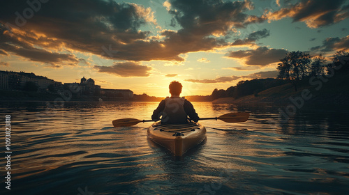 Rear view of a young man kayaking alone on a tranquil lake during sunset surrounded by calm water with the sun's warm golden light reflecting on the surface symbolizing peace solitude and inner journe photo