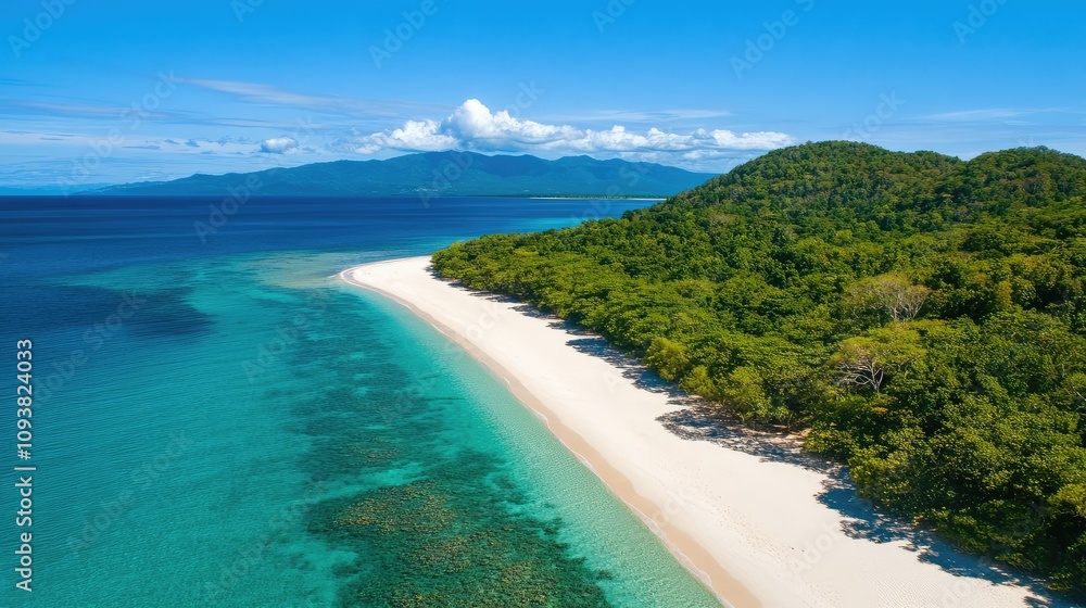 Serene Aerial View of Tropical Beach with Crystal Clear Water and Lush Greenery Surrounding Idyllic Sandy Shorelines under a Blue Sky Serene Aerial View of Tropical Beach with Crystal Clear Water and Lush Greenery Surrounding Idyllic Sandy Shorelines under a Blue Sky
