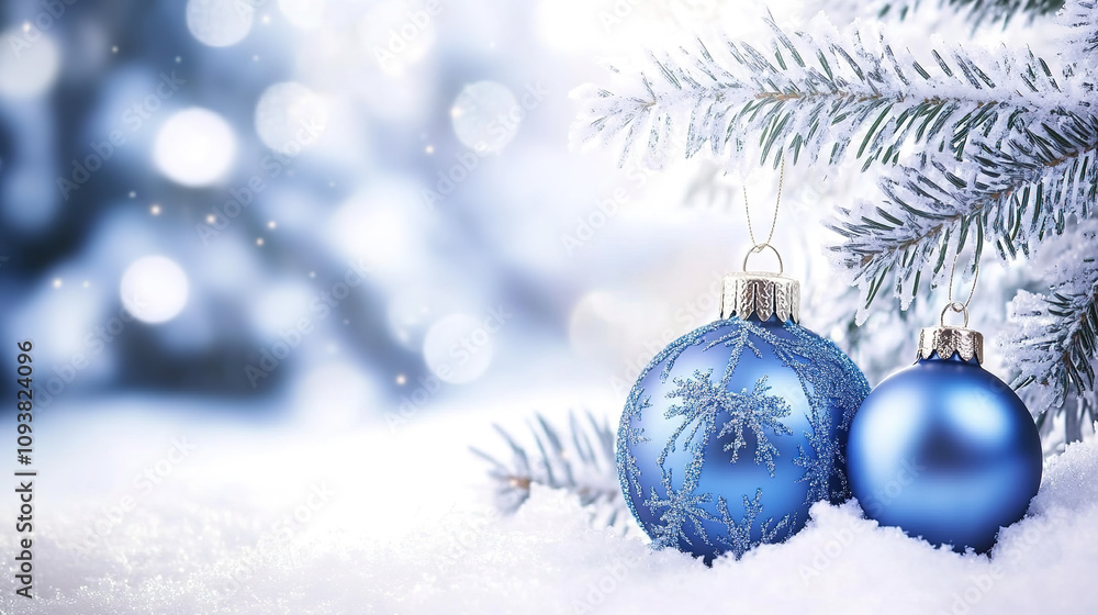 Christmas Banner with Elegant Blue Baubles and Ornaments Christmas Banner with Elegant Blue Baubles and Ornaments