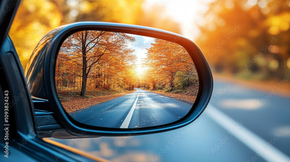 Reflection of a sunny autumn road in a car's side mirror with vibrant fall foliage showing the journey ahead captured in the rearview mirror symbolizing nostalgia and looking back while moving forward Reflection of a sunny autumn road in a car's side mirror with vibrant fall foliage showing the journey ahead captured in the rearview mirror symbolizing nostalgia and looking back while moving forward
