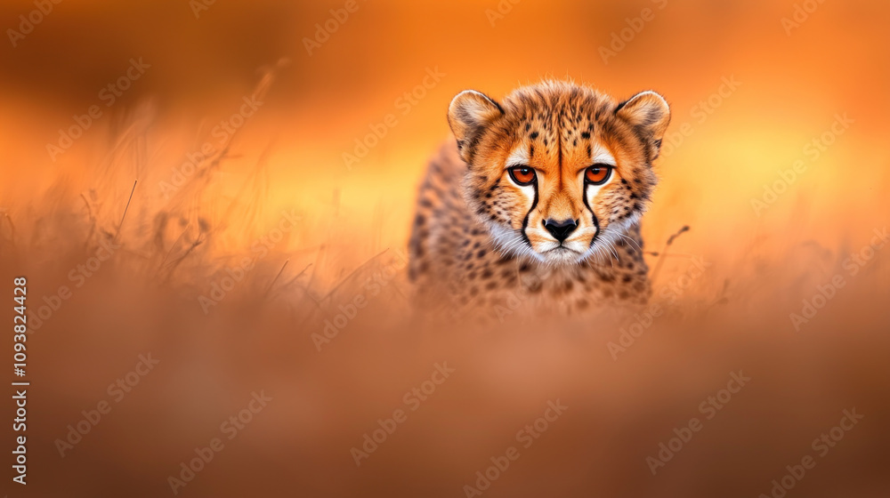 Fototapeta premium Majestic cheetah gazing intently, showcasing its striking features and vibrant fur in warm, golden landscape. scene captures essence of wild beauty and grace