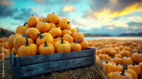 Wooden crate of pumpkins in autumn field at sunset. photo