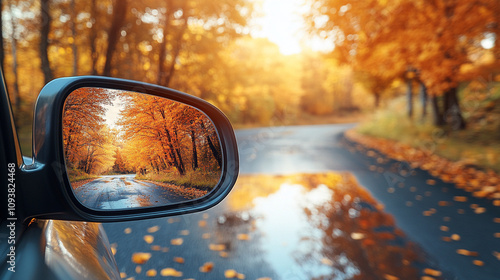 Reflection of a sunny autumn road in a car's side mirror with vibrant fall foliage showing the journey ahead captured in the rearview mirror symbolizing nostalgia and looking back while moving forward