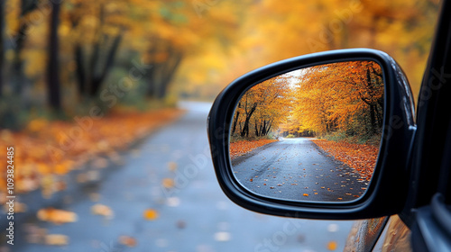 Reflection of a sunny autumn road in a car's side mirror with vibrant fall foliage showing the journey ahead captured in the rearview mirror symbolizing nostalgia and looking back while moving forward