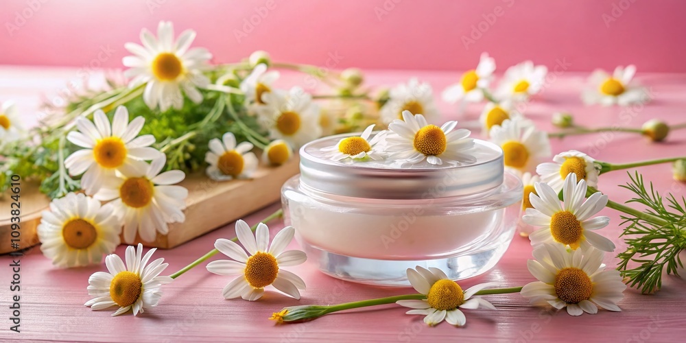Captivating Product Photography of Medicinal Chamomile Flowers with Cosmetic Gel on a Soft Pink Background for Wellness and Beauty Brand Promotion Captivating Product Photography of Medicinal Chamomile Flowers with Cosmetic Gel on a Soft Pink Background for Wellness and Beauty Brand Promotion