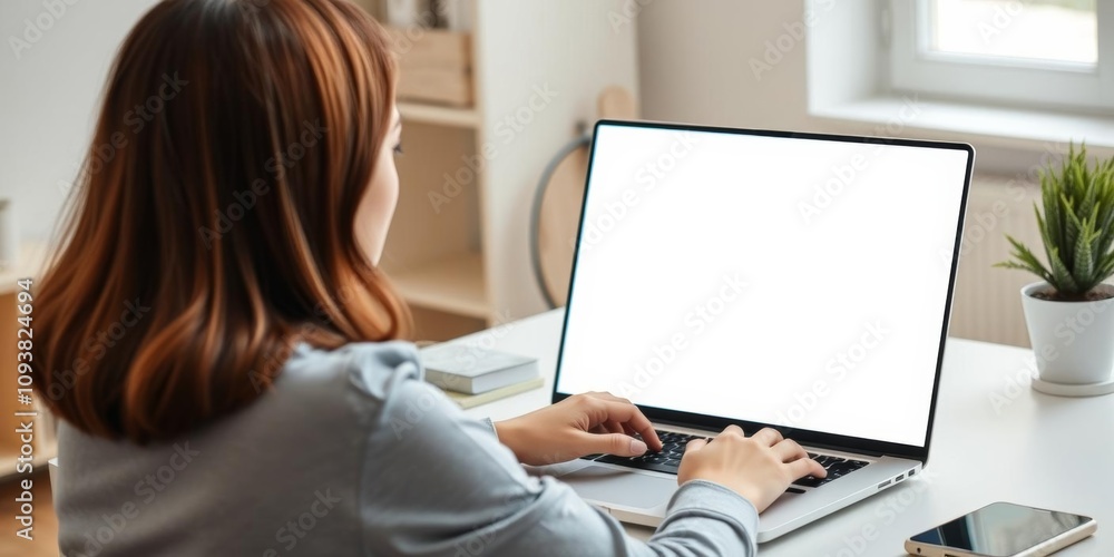 Young woman sitting at desk with laptop displaying blank mockup screen, working remotely from home Freelance, e-learning, online shopping, technology concept, online shopping, laptop Young woman sitting at desk with laptop displaying blank mockup screen, working remotely from home Freelance, e-learning, online shopping, technology concept, online shopping, laptop