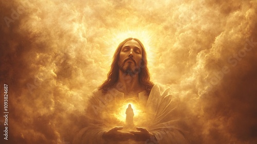 Divine Portrait of Jesus Christ in Radiant Golden Light Surrounded by Glowing Clouds, Symbolizing Love, Faith, and Spiritual Guidance