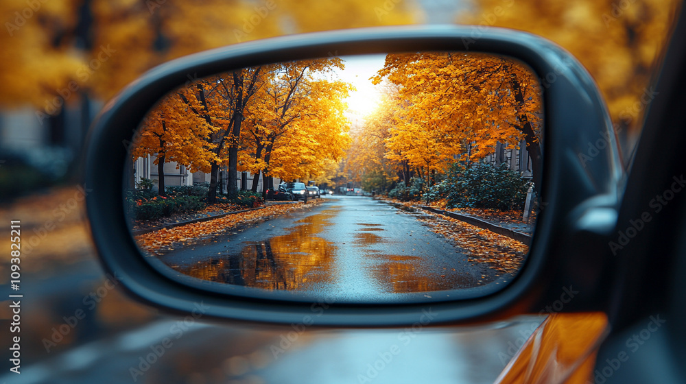 Reflection of a sunny autumn road in a car's side mirror with vibrant fall foliage showing the journey ahead captured in the rearview mirror symbolizing nostalgia and looking back while moving forward Reflection of a sunny autumn road in a car's side mirror with vibrant fall foliage showing the journey ahead captured in the rearview mirror symbolizing nostalgia and looking back while moving forward